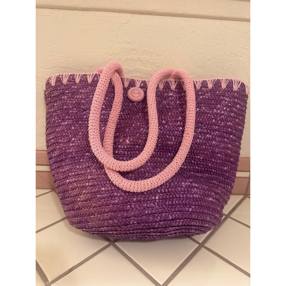 Giorgio Beverly Hills Handbags - Giorgio Beverly Hills Purple Straw Tote Bag‎ Pink Accents Woven Purse